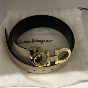 Salvatore Ferragamo Beige Leather Belt with Gold Double Gancini Buckle